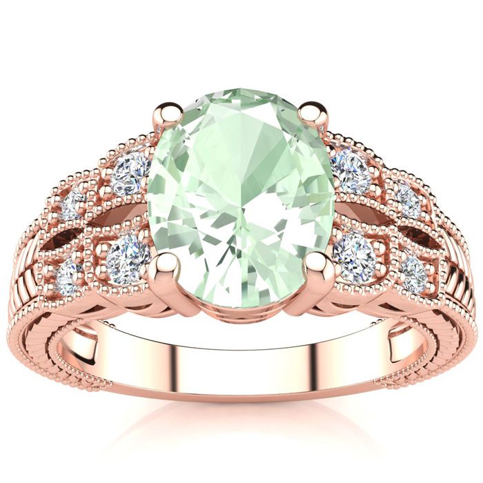 1 3/4 Carat Oval Shape Green Amethyst & 8 Diamond Ring in Rose Gold (4.70 g), , Size 4 by SuperJeweler