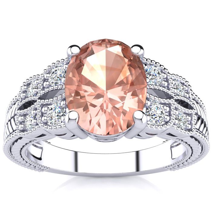 2 Carat Oval Shape Morganite & 8 Diamond Ring in White Gold (4.70 g), , Size 4 by SuperJeweler