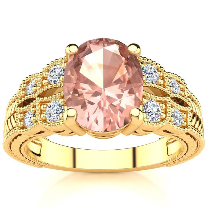 2 Carat Oval Shape Morganite & 8 Diamond Ring in Yellow Gold (4.70 g), , Size 4 by SuperJeweler