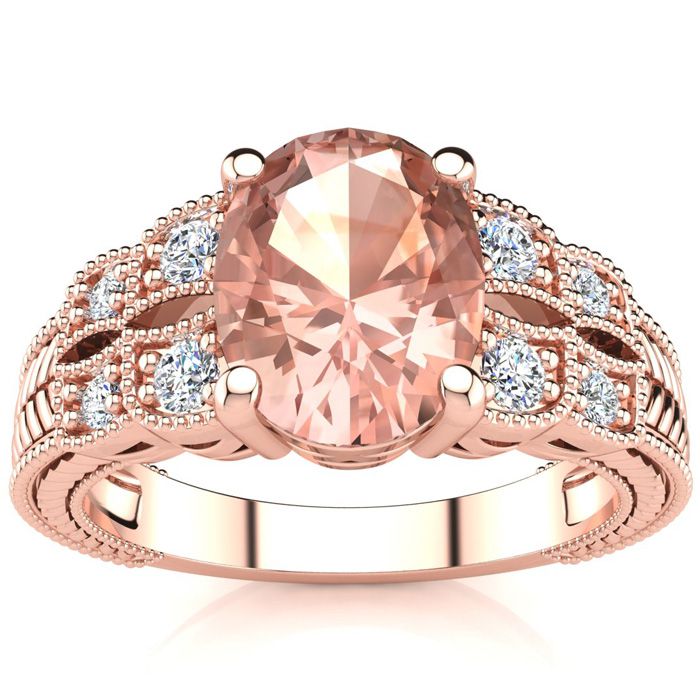 2 Carat Oval Shape Morganite & 8 Diamond Ring in Rose Gold (4.70 g), , Size 4 by SuperJeweler