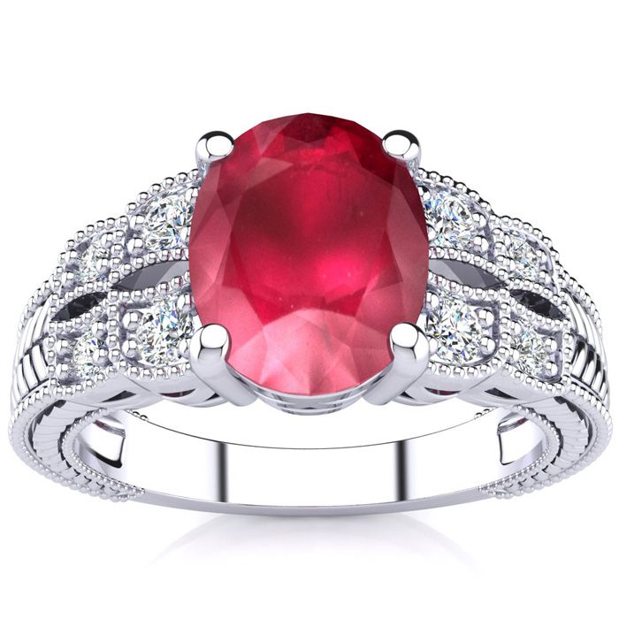 3 Carat Oval Shape Ruby & 8 Diamond Ring in White Gold (4.70 g), , Size 4 by SuperJeweler