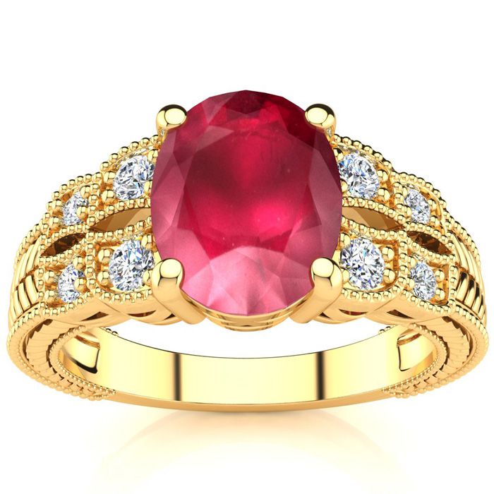 3 Carat Oval Shape Ruby & 8 Diamond Ring in Yellow Gold (4.70 g), , Size 4 by SuperJeweler