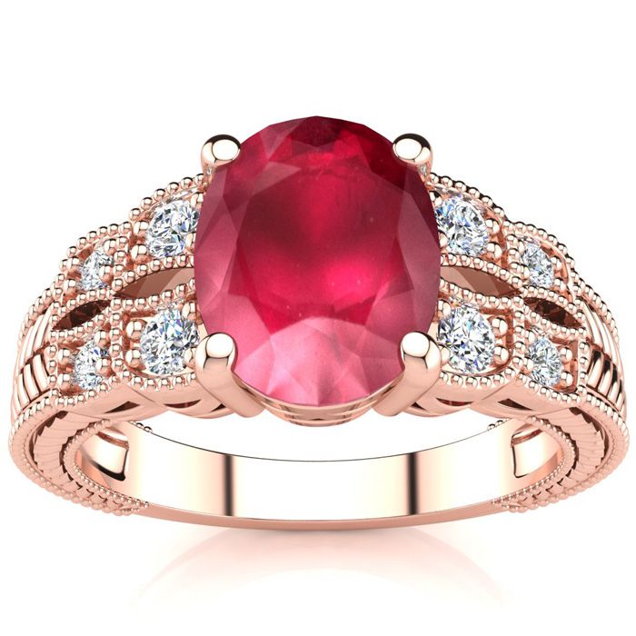 3 Carat Oval Shape Ruby & 8 Diamond Ring in Rose Gold (4.70 g), , Size 4 by SuperJeweler