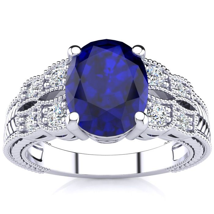 3 Carat Oval Shape Sapphire & 8 Diamond Ring in White Gold (4.70 g), , Size 4 by SuperJeweler