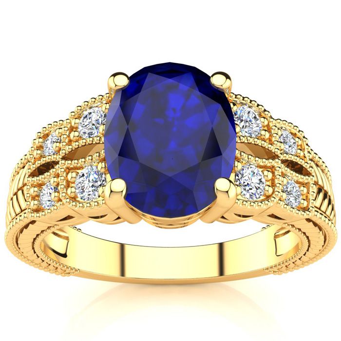 3 Carat Oval Shape Sapphire & Diamond Ring in 10K Yellow Gold (4.70 g), I/J by SuperJeweler