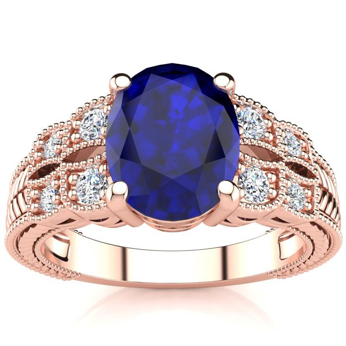 3 Carat Oval Shape Sapphire & 8 Diamond Ring in Rose Gold (4.70 g), , Size 4 by SuperJeweler