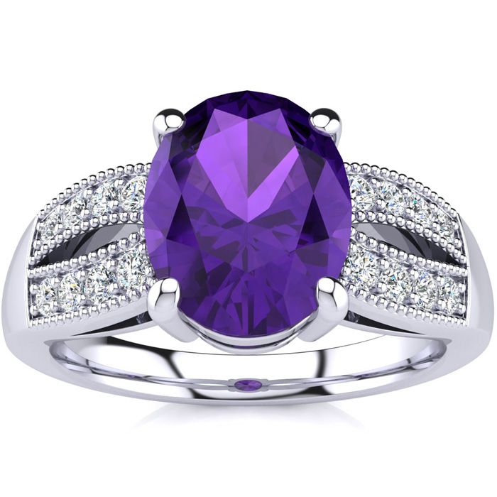 1 3/4 Carat Oval Shape Amethyst & 16 Diamond Ring in 14K White Gold (6 g), , Size 4 by SuperJeweler