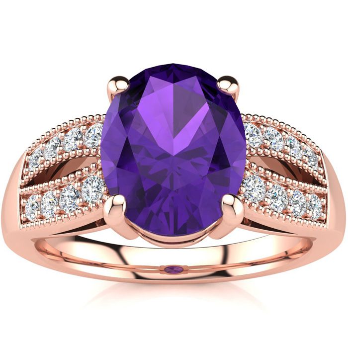 1 3/4 Carat Oval Shape Amethyst & 16 Diamond Ring in 14K Rose Gold (6 g), , Size 4 by SuperJeweler