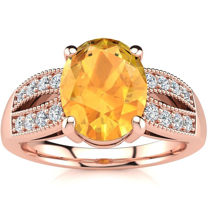 1 3/4 Carat Oval Shape Citrine & 16 Diamond Ring in 14K Rose Gold (6 g), , Size 4 by SuperJeweler