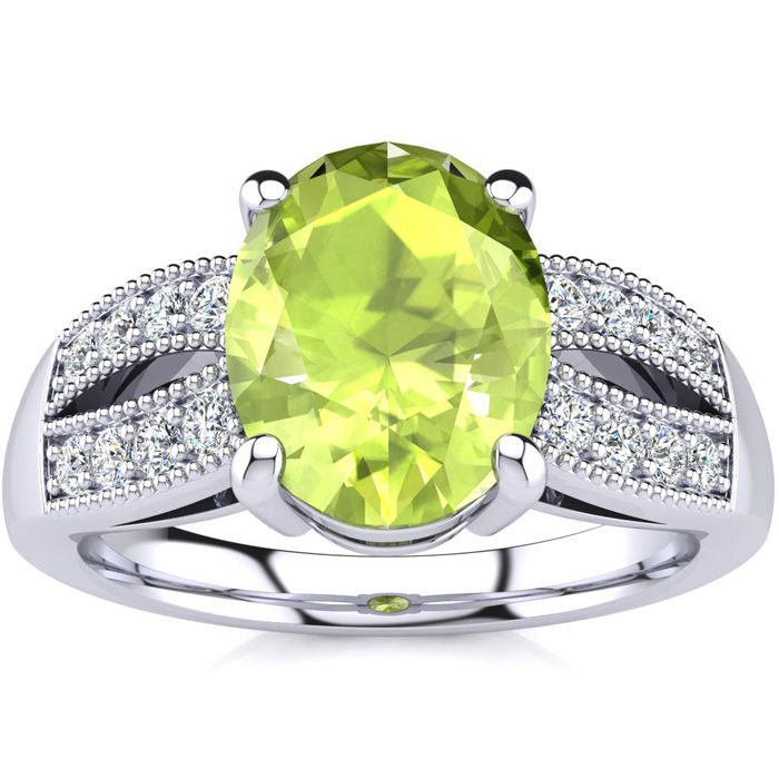 2 Carat Oval Shape Peridot & 16 Diamond Ring in 14K White Gold (6 g), , Size 4 by SuperJeweler