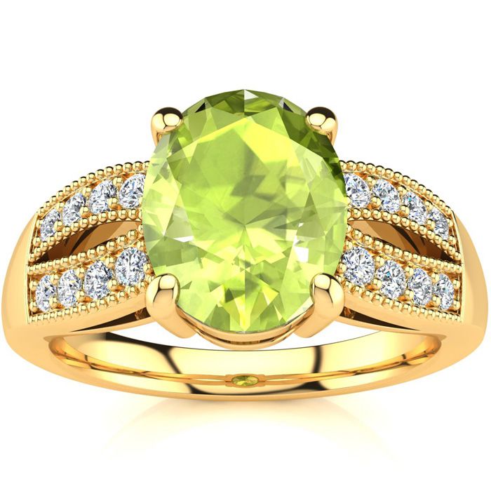 2 Carat Oval Shape Peridot & 16 Diamond Ring in 14K Yellow Gold (6 g), , Size 4 by SuperJeweler