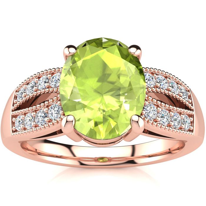 2 Carat Oval Shape Peridot & 16 Diamond Ring in 14K Rose Gold (6 g), , Size 4 by SuperJeweler