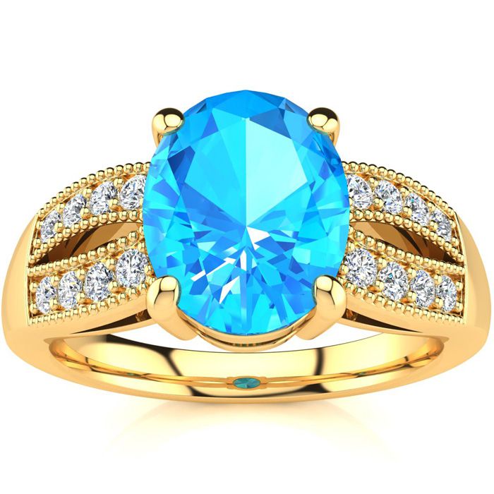 2 1/3 Carat Oval Shape Blue Topaz & 16 Diamond Ring in 14K Yellow Gold (6 g), , Size 4 by SuperJeweler