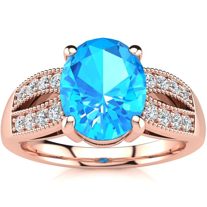 2 1/3 Carat Oval Shape Blue Topaz & 16 Diamond Ring in 14K Rose Gold (6 g), , Size 4 by SuperJeweler