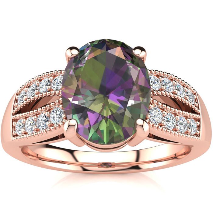 2 1/3 Carat Oval Shape Mystic Topaz & 16 Diamond Ring in 14K Rose Gold (6 g), , Size 4 by SuperJeweler