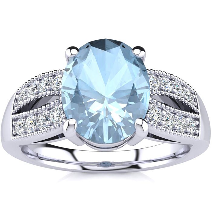 2 Carat Oval Shape Aquamarine & 16 Diamond Ring in 14K White Gold (6 g), , Size 4 by SuperJeweler