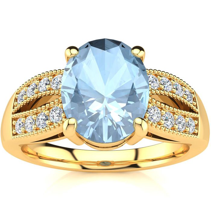 2 Carat Oval Shape Aquamarine & 16 Diamond Ring in 14K Yellow Gold (6 g), , Size 4 by SuperJeweler