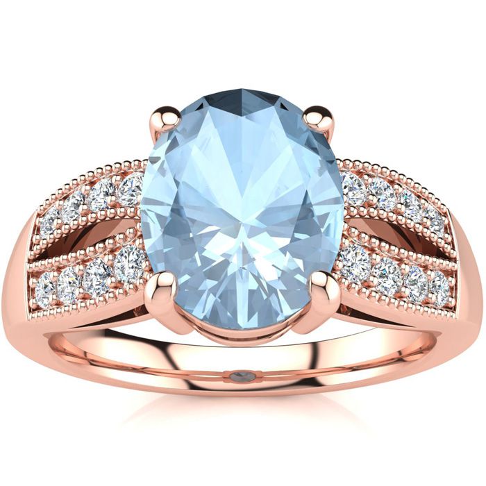 2 Carat Oval Shape Aquamarine & 16 Diamond Ring in 14K Rose Gold (6 g), , Size 4 by SuperJeweler