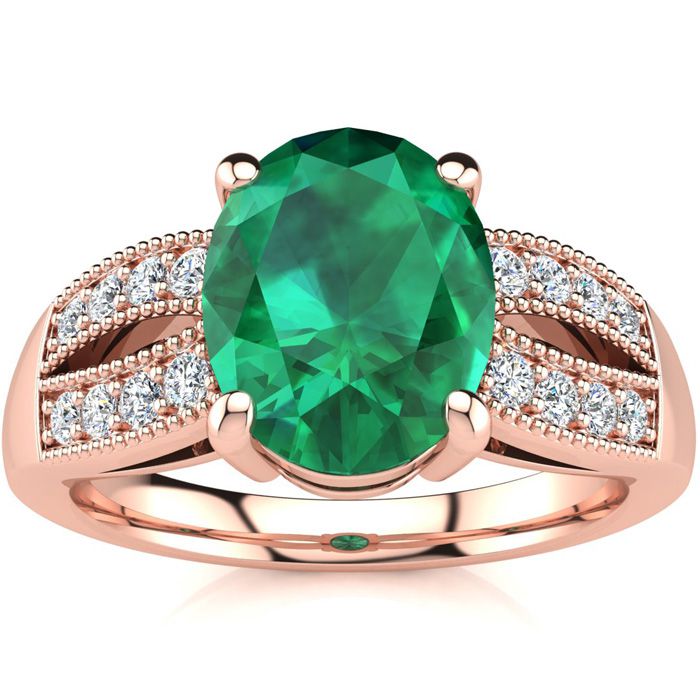 2 Carat Oval Shape Emerald Cut & 16 Diamond Ring in 14K Rose Gold (6 g), , Size 4 by SuperJeweler