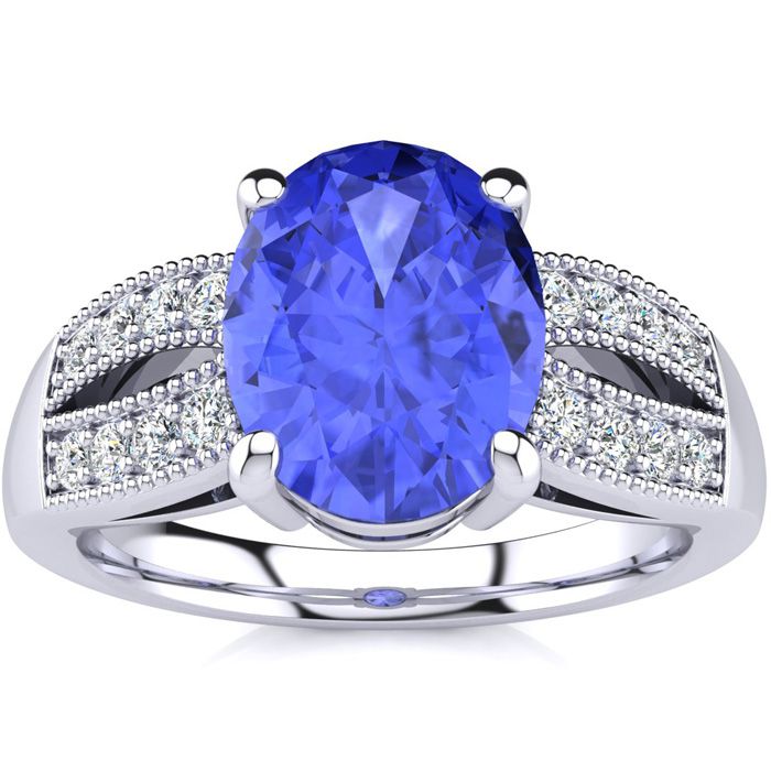 2 Carat Oval Shape Tanzanite & 16 Diamond Ring in 14K White Gold (6 g), , Size 4 by SuperJeweler