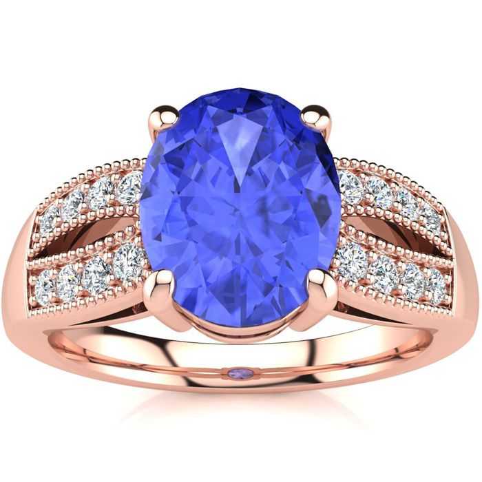 2 Carat Oval Shape Tanzanite & 16 Diamond Ring in 14K Rose Gold (6 g), , Size 4 by SuperJeweler