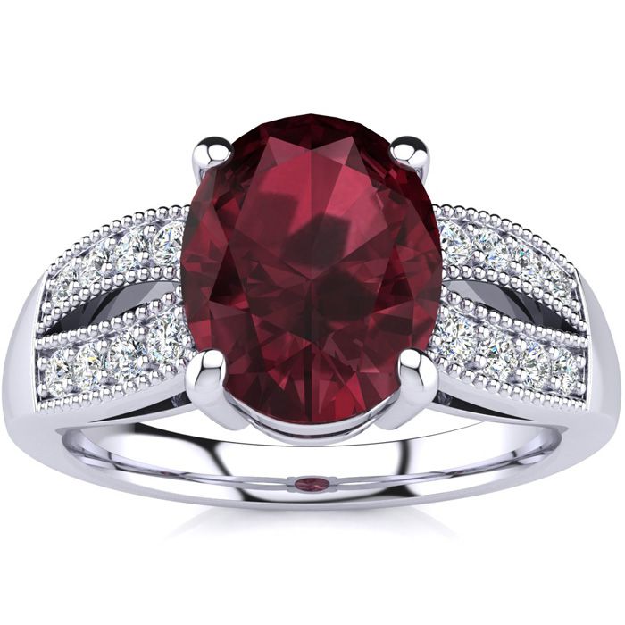 2 Carat Oval Shape Garnet & 16 Diamond Ring in 14K White Gold (6 g), , Size 4 by SuperJeweler