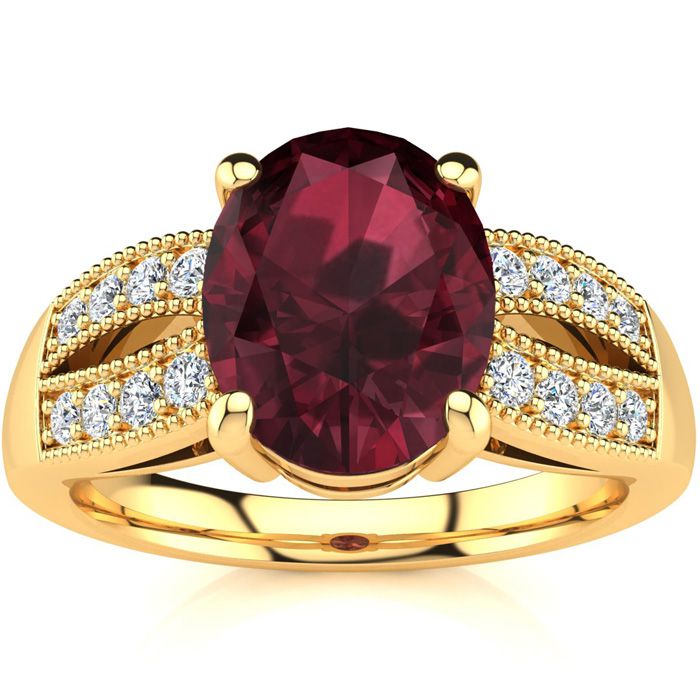 2 Carat Oval Shape Garnet & 16 Diamond Ring in 14K Yellow Gold (6 g), , Size 4 by SuperJeweler