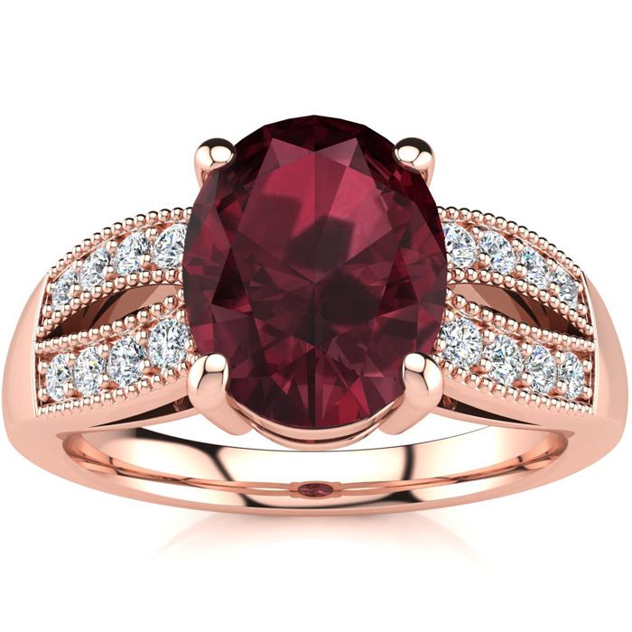 2 Carat Oval Shape Garnet & 16 Diamond Ring in 14K Rose Gold (6 g), , Size 4 by SuperJeweler