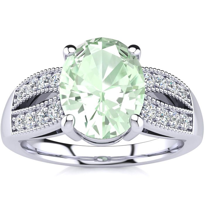 1 3/4 Carat Oval Shape Green Amethyst & 16 Diamond Ring in 14K White Gold (6 g), , Size 4 by SuperJeweler