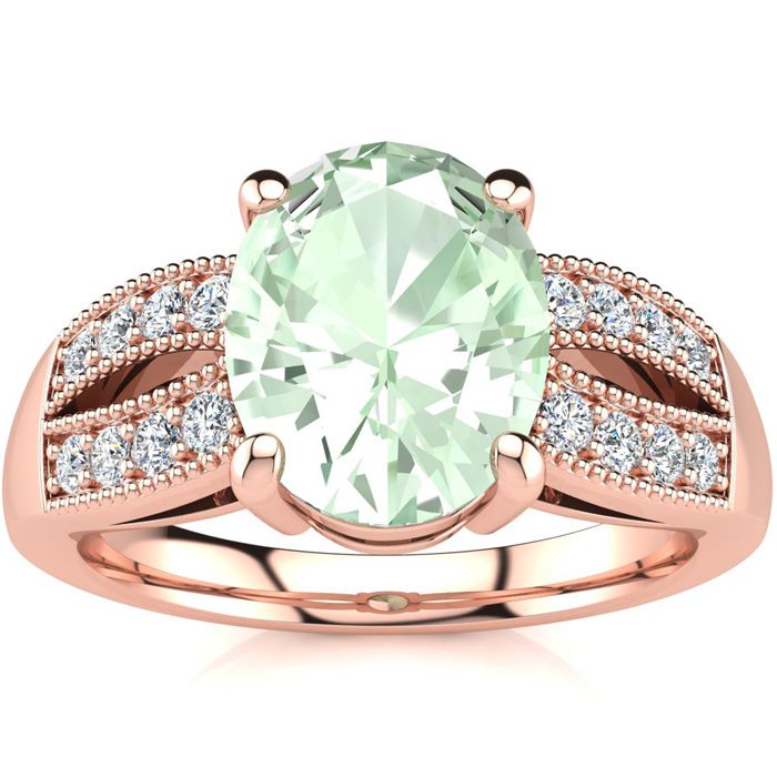 1 3/4 Carat Oval Shape Green Amethyst & 16 Diamond Ring in 14K Rose Gold (6 g), , Size 4 by SuperJeweler