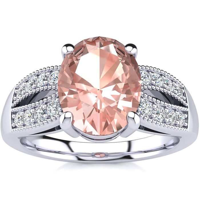 2 Carat Oval Shape Morganite & 16 Diamond Ring in 14K White Gold (6 g), , Size 4 by SuperJeweler