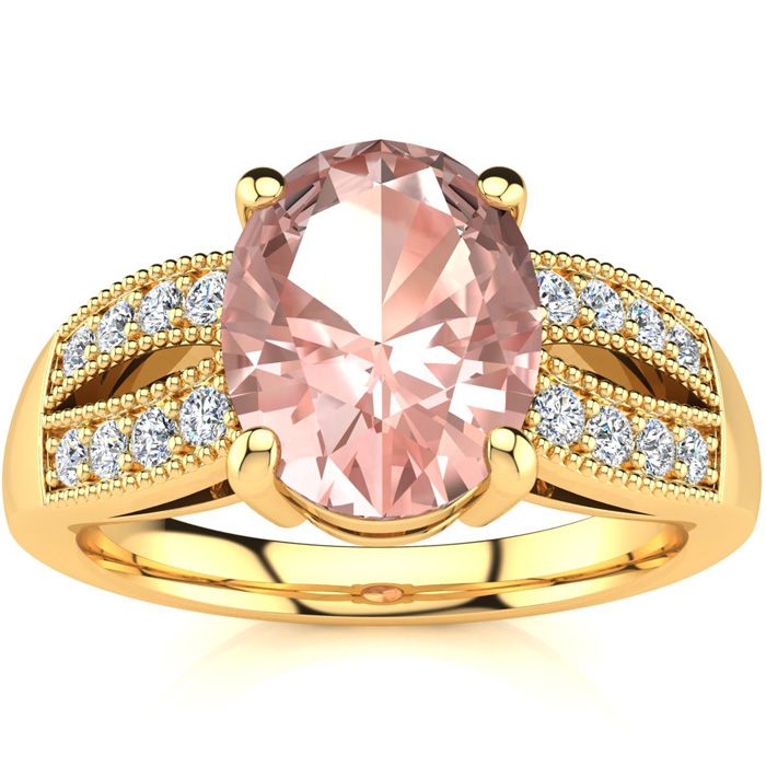 2 Carat Oval Shape Morganite & 16 Diamond Ring in 14K Yellow Gold (6 g), , Size 4 by SuperJeweler