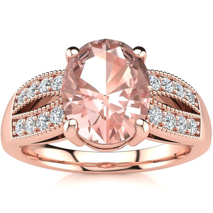 2 Carat Oval Shape Morganite & 16 Diamond Ring in 14K Rose Gold (6 g), , Size 4 by SuperJeweler