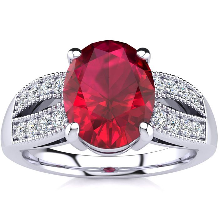 3 Carat Oval Shape Ruby & 16 Diamond Ring in 14K White Gold (6 g), , Size 4 by SuperJeweler