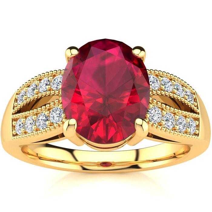 3 Carat Oval Shape Ruby & 16 Diamond Ring in 14K Yellow Gold (6 g), , Size 4 by SuperJeweler