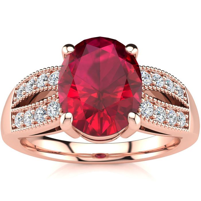 3 Carat Oval Shape Ruby & 16 Diamond Ring in 14K Rose Gold (6 g), , Size 4 by SuperJeweler