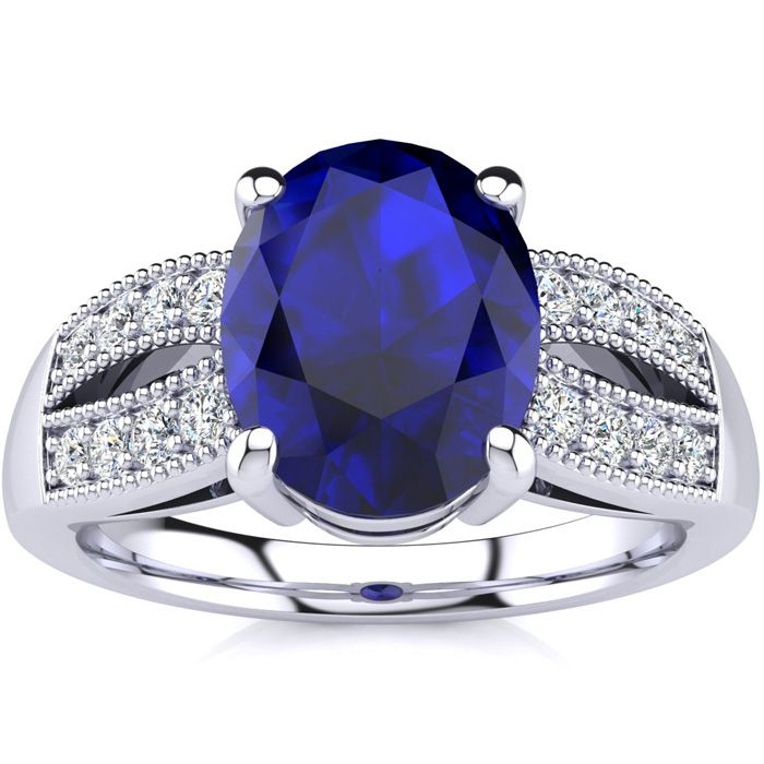 3 Carat Oval Shape Sapphire & 16 Diamond Ring in 14K White Gold (6 g), , Size 4 by SuperJeweler