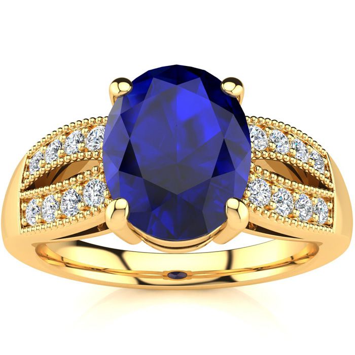 3 Carat Oval Shape Sapphire & 16 Diamond Ring in 14K Yellow Gold (6 g), , Size 4 by SuperJeweler