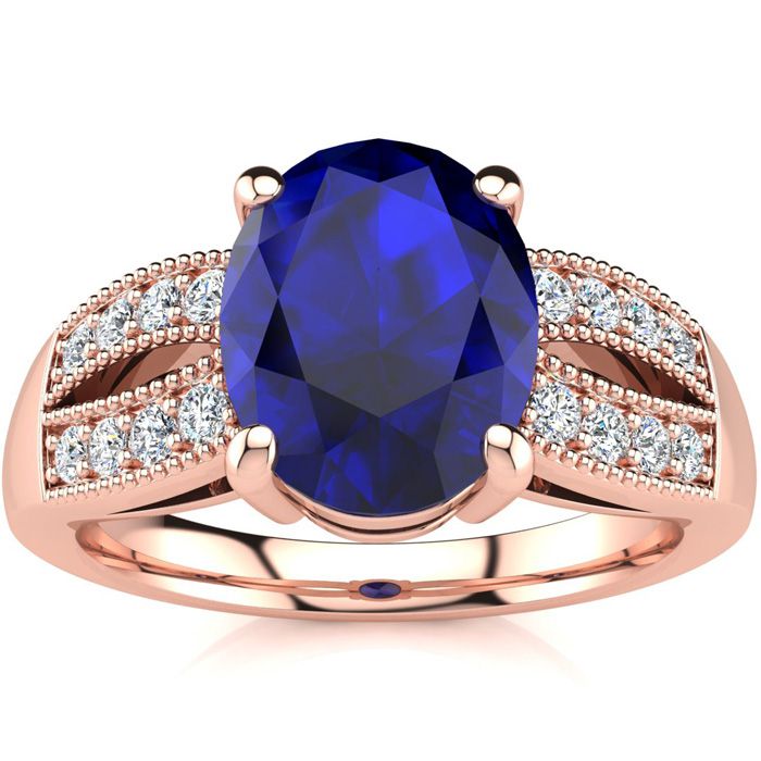 3 Carat Oval Shape Sapphire & 16 Diamond Ring in 14K Rose Gold (6 g), , Size 4 by SuperJeweler