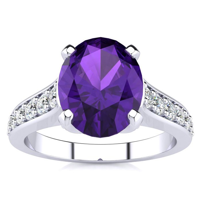 2 Carat Oval Shape Amethyst & 12 Diamond Ring in 14K White Gold (4.20 g), , Size 4 by SuperJeweler