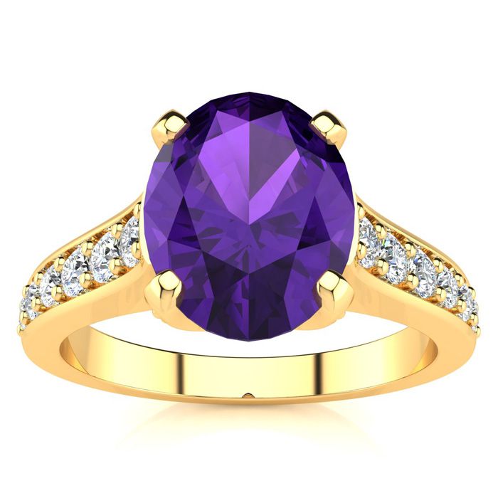 2 Carat Oval Shape Amethyst & 12 Diamond Ring in 14K Yellow Gold (4.20 g), , Size 4 by SuperJeweler