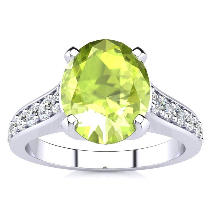 2 Carat Oval Shape Peridot & 12 Diamond Ring in 14K White Gold (4.20 g), , Size 4 by SuperJeweler