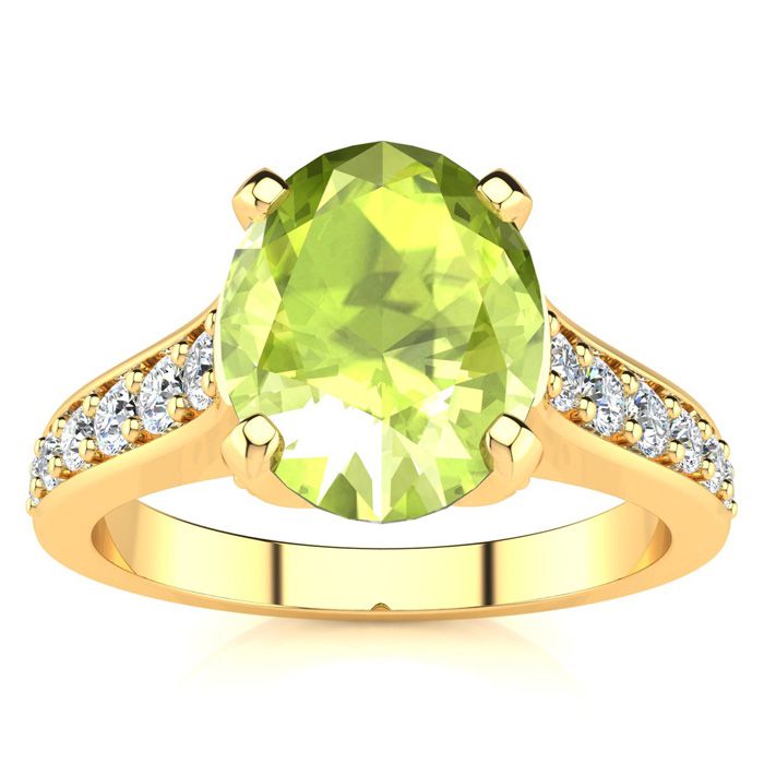 2 Carat Oval Shape Peridot & 12 Diamond Ring in 14K Yellow Gold (4.20 g), , Size 4 by SuperJeweler