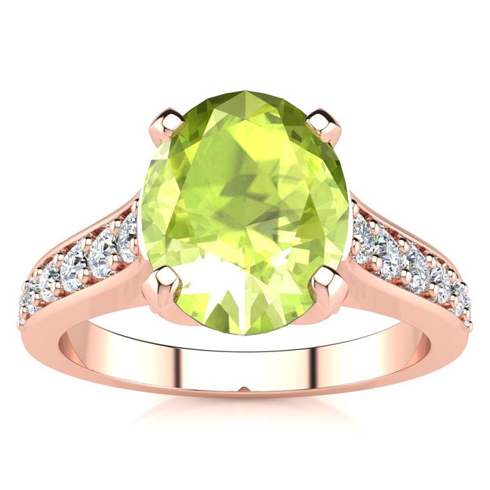 2 Carat Oval Shape Peridot & 12 Diamond Ring in 14K Rose Gold (4.20 g), , Size 4 by SuperJeweler