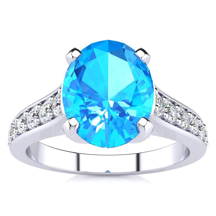 2.5 Carat Oval Shape Blue Topaz & 12 Diamond Ring in 14K White Gold (4.20 g), , Size 4 by SuperJeweler