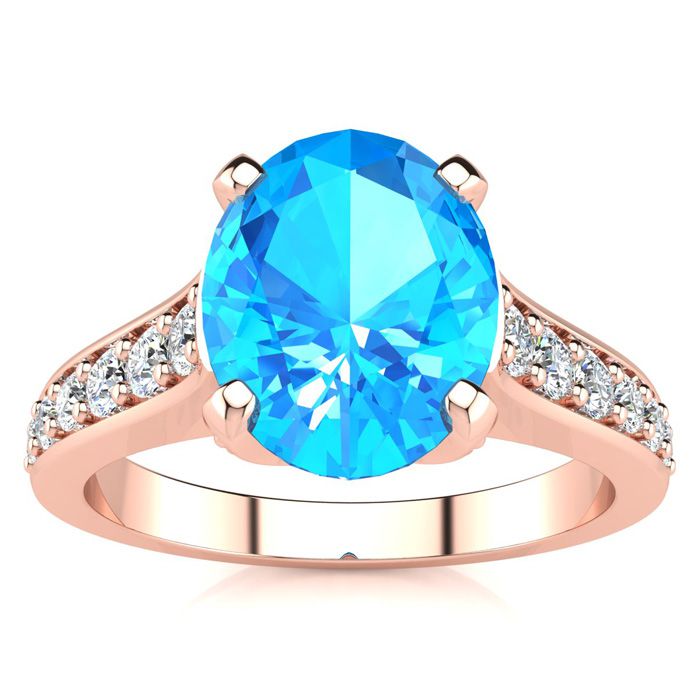 2.5 Carat Oval Shape Blue Topaz & 12 Diamond Ring in 14K Rose Gold (4.20 g), , Size 4 by SuperJeweler