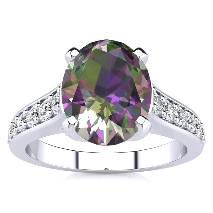 2.5 Carat Oval Shape Mystic Topaz & 12 Diamond Ring in 14K White Gold (4.20 g), , Size 4 by SuperJeweler