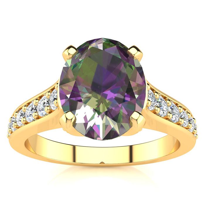 2.5 Carat Oval Shape Mystic Topaz & 12 Diamond Ring in 14K Yellow Gold (4.20 g), , Size 4 by SuperJeweler