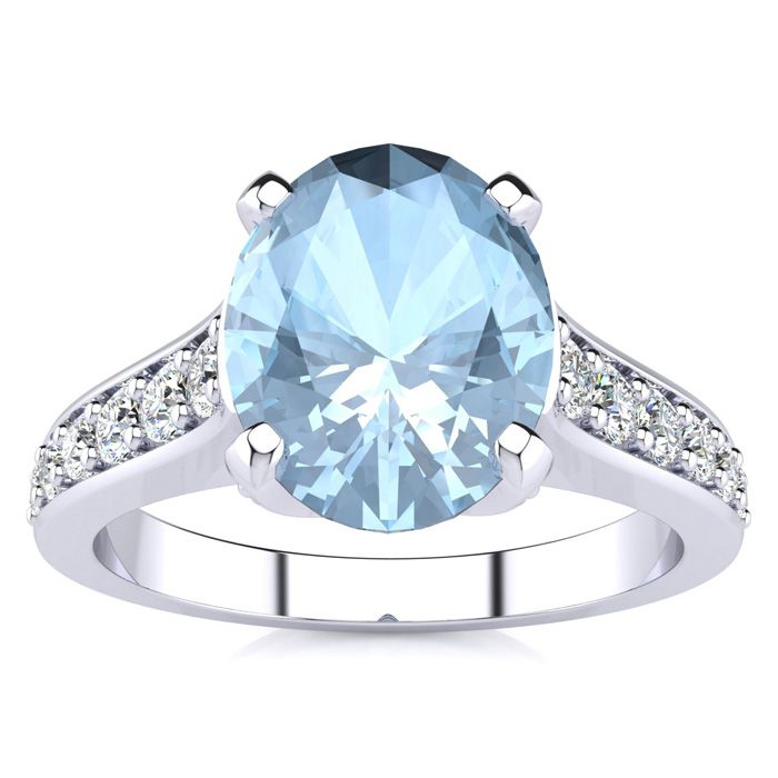 2 Carat Oval Shape Aquamarine & 12 Diamond Ring in 14K White Gold (4.20 g), , Size 4 by SuperJeweler