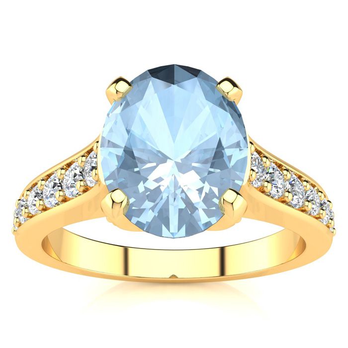 2 Carat Oval Shape Aquamarine & 12 Diamond Ring in 14K Yellow Gold (4.20 g), , Size 4 by SuperJeweler